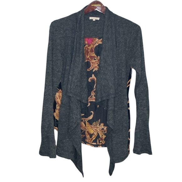 Anthropologie‎ S Mystree Gray Draped Front Velvet Burnout Back Cardigan Sweater - Picture 2 of 5